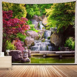 BULOR Japan Garden Landscape Tapestry Retro Park Waterfall Maple Trees Kyoto Travel Wall Hangings Tapestry for Kids Baby Birthday Bedroom Living Room Dorm Background 80x60inch