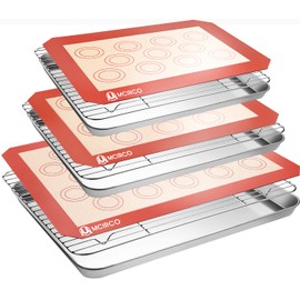 Stainless Steel Baking Sheet Tray Cooling Rack with Silicone Baking Mat Set, Cookie Pan with Cooling Rack, Set of 9 (3 Sheets + 3 Racks + 3 Mats), 10/12/16 Inch, Easy Clean