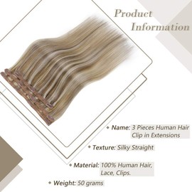 RUNATURE Hair Extensions Clip in Human Hair,50g 3PCS 18 Inch Ash Brown with Platinum Blonde Hair Clip in Extensions Human Hair Remy Double Weft Clip in Hair Extensions for Women