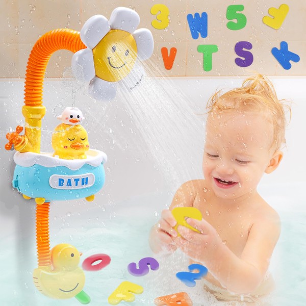 Bath Toy Bathtub Toy with Electric Shower and 36 Foam Bath Letters and Numbers, Bath Toy Organizer Mesh Net for Toddlers, Kids and Babies