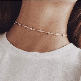 TseenYi Kreuz-Choker-Halskette, kurzes silbernes Kreuz an den Seiten, Religionsketten, Schmuck für Frauen und Mädchen (Silber)