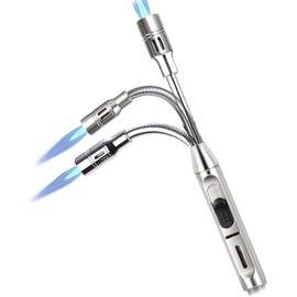 Auratrio Y17 Candle Lighter Flex Neck Utility Butane Torch Lighter Refillable Gas Jet Flame Windproof Lighter for Camping BBQ Grill Gas Stove (Silver)