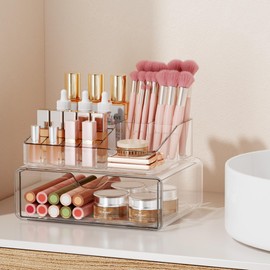 DOADW Bathroom Counter Organizer Clear - 2Pcs Stackable Makeup Countertop Organizer for Vanity - Multi-Purpose Skin Care Lipstick Cosmetic Organizer
