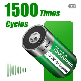 Palogreen USB D Rechargeable Battery Lithium 1.5V Constant Output 15000mWh Li-ion, D Cell Batteries with Type-C Charging Cable,4 Pack Size D Lithium Rechargeable Batteries