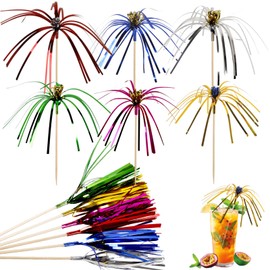 Pack of 60 Cocktail Sticks with Flower Core Design, Cocktail Fireworks Decoration, Cocktail Picks, Fireworks Sticks, Cocktail Decoration for Cocktail Party Decorations, Reusable Cocktail Accessories