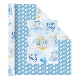 WERNNSAI Baby Boy Wrapping Paper Roll - 1 Roll 17”x 33 ft Blue Baby Elephant Wrapping Paper for Kids Birthday Gift Packing Supply Elephants and Footprints Design Paper for Baby ShowerParty Favor, Reversible