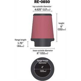 K&N High-Flow Original Lifetime Universal Clamp-On Air Filter: High Performance, Premium, Washable: Flange Diameter: 4 In, Filter Height: 6 In, Flange Length: 1.75 In, Shape: Round Tapered, RE-0850