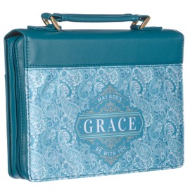 Christian Art Gifts Teal Vegan Leather Fashion Bible Cover for Women: God's Grace Be with You - Inspirational Book Carry Case w/Cute Paisley Pattern, Silver Zipper, Pockets & Pen Storage, Medium