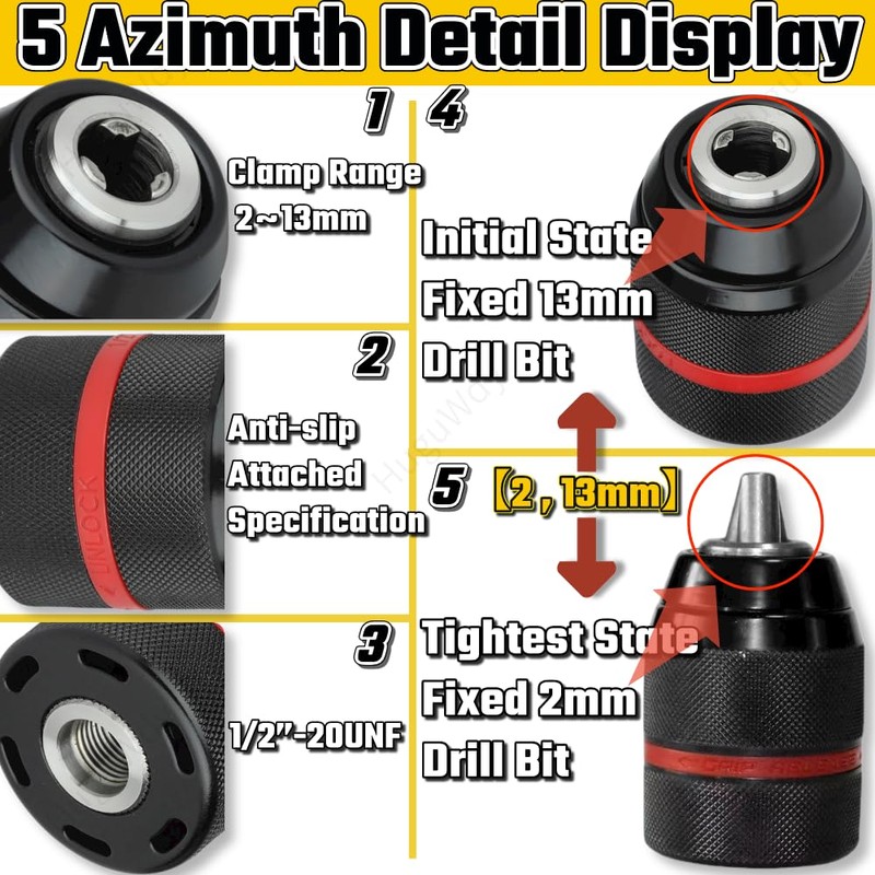 Keyless Hand Power Drill Chuck 1/2”-20UNF Mount, 2~13mm Self-tighten Drill