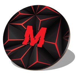 1 x Round Coaster - Letter M Gamer Black Red Video Game Lettering Name Initial Cork Backed MDF Glossy Tea Coffee Accessory #272035