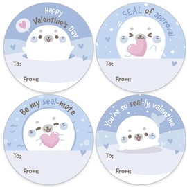 Arctic Seal Pup Valentine's Day Stickers for Kids, Cute Animal Label Stickers, to from Valentines - 40 Count