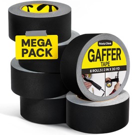 Stick Click Black Gaffers Tape 6 Pack - 2 inch x 30 Yards - Non-Reflective, Easy Tear, Waterproof, No Residue, Gaff Tape for Electrical Cords, Photography, Stage Setup - Multipurpose