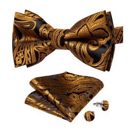 DiBanGu Bow Ties for Men Black Gold Paisley Pre-Tied Bowtie Adjustable Bowtie with Pocket Square Cufflinks Formal for Wedding Tuxedo