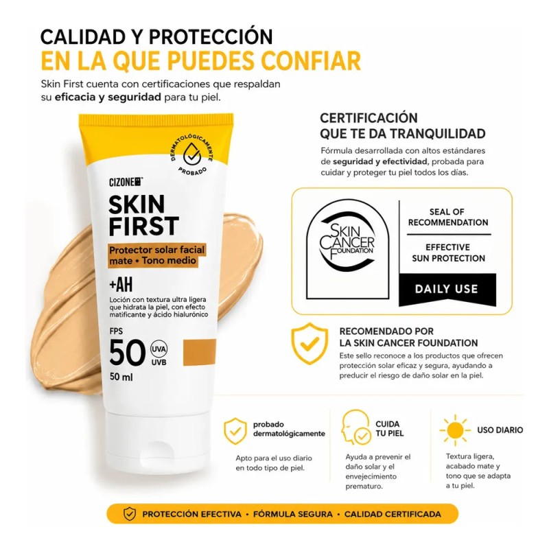 Protector Solar Facial Cizone Skin First Fps 50 Tono Medio