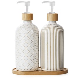 Getstar Hand and Dish Soap Dispenser Set, Ceramic Soap Dispenser for Bathroom and Kitchen with Rust Proof Pump and Tray, Set of 2 (White Pump)