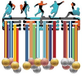 CREATCABIN Football Medal Holder Hanger Medals Display Rack Colorful Metal Iron Shelf Medal Plaques Hanger Organizer Medal Frame Wall Mounted Hanging Over 40Medals for Soccer Lanyard Ribbon 15.7x6Inch