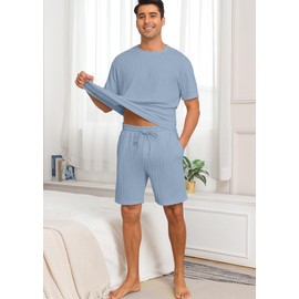 PrinStory Mens Pajamas Set Summer Pjs Sets Lightweight Short Sleeve Pajama Shorts Set Soft Sleepwear Loungewear with Pockets Gray Blue-M
