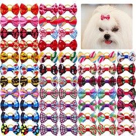 aoozleny Cute Puppy Hair Bows with Rubber Bands - 30PCS Cute Puppy Dog Small Bowknot Hair Accessories, Handmade, Perfect for Pet Grooming（Random Color） (A)