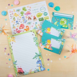 Papierdrachen Letter Pad Set - 50 Colourful Printed Letter Sheets - Writing Paper with Sticker Sheet - 20 Matching Envelopes - Gift Idea for Children - Dinosaur