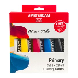 Amsterdam Standard Series Acrylic Paint Mixing Set (5 x 120 ml Tubes) | Basic Colours + Black & White | + 3 Free Dosing Caps