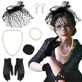 PLULON 8 Pieces 50s Fascinators Hat for Women Tea Party with Short Lace Gloves Pearl Necklace Earrings for 1920s Party