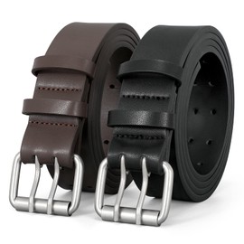 LEACOOLKEY 2 Packs Double Prong Leather Belts for Men PU Leather Work Belt For Jeans,2 Holes Casual Leather Belt for Men，Black+Coffee，Fits Pants Size up to 52"
