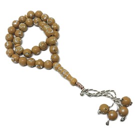 Muslim Bead Tasbih 33 Rosary AMN-277 Islam Prayer dhikr Misbaha with Moon Star Engraved on Islamic Religion Eid Ramadan Gift (Light Brown)