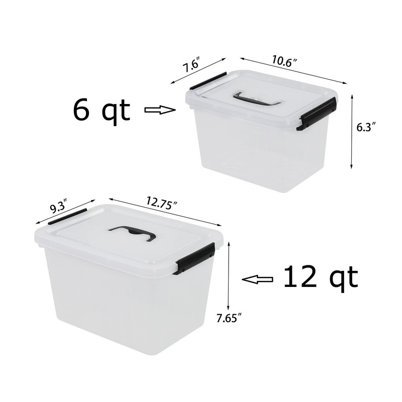 Yubine Clear Plastic Bin, Latching Box with Lid, Handls (12