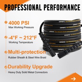 Corretic Pressure Washer Hose 50 FT x 3/8 Inch 4000 PSI, Kink Resistant Power Washers Hose Replacement, M22-14mm Brass Thread, High Tensile Wire Braided