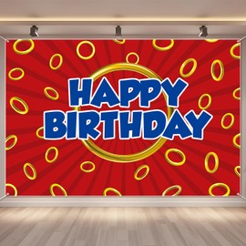 Tingjoo Cartoon Birthday Backdrop Photography Blue with Gold Ring Print Themed Party Banner Video Games Party Backdrop Photo Background Supplies (Red,5x3ft)