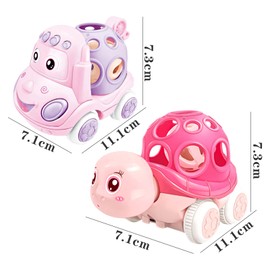 ONEST 2 Pieces Baby Toy Cars for Babies, Infant Soft Rubber Push and Go Toy Car for Toddler Girl, Rattle Roll Truck Wind Up Cars for Infants Gift, Pink Car Toys for Baby Boys Girls Gift