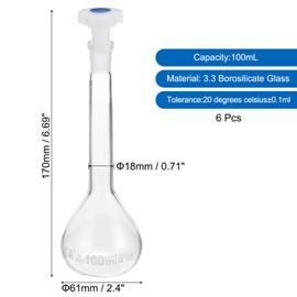 PATIKIL 100ml Volumetric Flask, 6Pcs 3.3 Borosilicate Glass Graduated Volumetric Measuring Flask with Plug Cap Tolerance 0.1ml for Lab Experiment, Clear