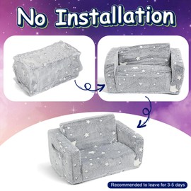 Fccabin Grey Folding Toddler Sofa,2 in 1 Kids Flip Fold Out Childrens Couch Bed Toddler Recliner Chair for Playroom,Extra Wide Children Covertible Sofa to Longer Sleeper Chair for Boys Girls