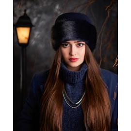 Futrzane Classic Trim Hat - Faux Fur Trimmed Hats for Women - Classy Fleece Cap (M, Navy Blue - Navy Blue Classic)