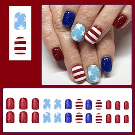 4th of July Press On Nails Short Square Fake Nails With Star Designs Blue Red Independence Day Nails Press Ons Full Cover False Nails Artificial Glue On Nails Acrylic Stick On Nails For Women