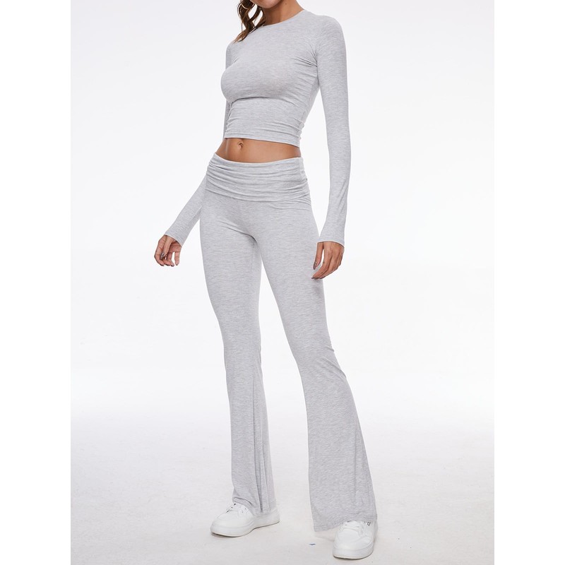 AnotherChill Women's 2 Piece Lounge Sets Fold-over Flare Pants Set