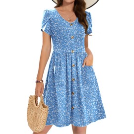 Zeagoo Floral Dress for Women Casual Summer Button Down Tunic Dresses Cotton Swing Flowy Tee Shirt Dress with Pockets