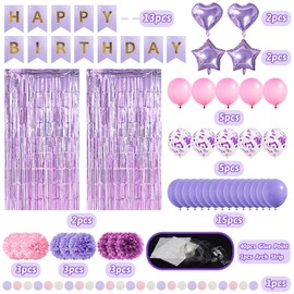 ZERODECO Purple Birthday Decoration, Happy Birthday Garland Purple Pink Pompoms Curtain Balloons Birthday Decoration Girls Birthday Decoration Women Ladies Children's Birthday Decoration Birthday