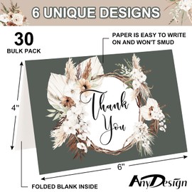 AnyDesign Boho Floral Thank You Cards Bulk 30 Pack Fall Rustic Greeting Cards with Stickers Envelopes Watercolor Flower Blank Appreciation Note Cards for Birthday Wedding Thanksgiving Baby Shower