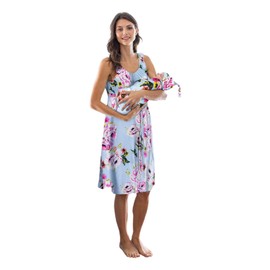 Baby Be Mine 3 in 1 Labor/Delivery/Nursing Hospital Gown and Matching Swaddle Set (Navy Stripe, L/XL pre preg 12-22)