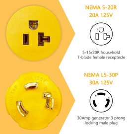 NEMA L5-30P to 5-15R/5-20R RV Generator Adapter, 30A 3-Prong Locking Plug, Shore Power Adapter for RV, Marine, Household, 30 Amp to 110V/120V 15A/20A Connector, ETL Certified, Durable Use