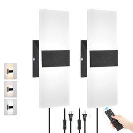 GOODATE Plug in Wall Sconces with Stepless Adjustable 3000K-6500K Colors & 10%-100% Brightness,Wall Sconces Set of Two with Remote,12W Acrylic LED Plug in Wall Light,Hardwire or Plug-in (2 PACK,Black)