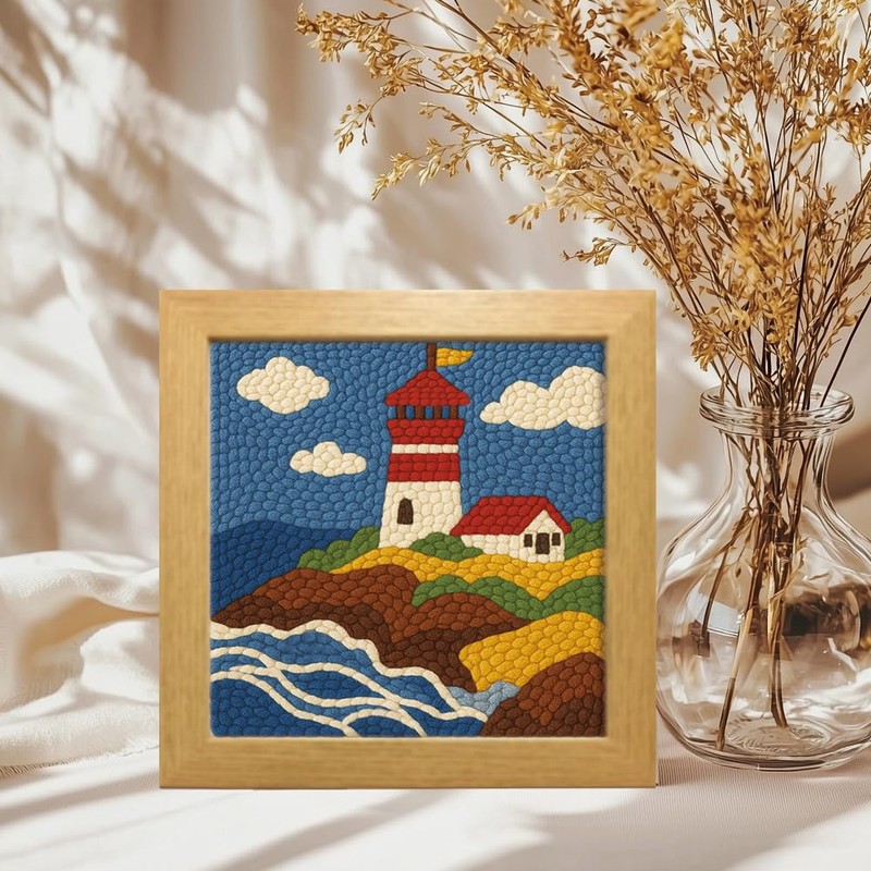 FREEBLOSS 9.4" x 9.4" Lighthouse Punch Needle Kits DIY Framed