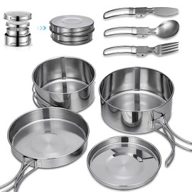 Camping Cookware Set 7-Piece Outdoor 2-3 People Stainless Steel Pot with Crockery Cooking Pot Foldable Camping Tableware Pot Plate for Picnic Backpacking Camping Hiking