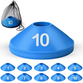 Relaxgiant 10 Pcs Numbered Sports Disc Cones 1-10 Soccer Cones with Mesh Carry Bag Flexible Agility Cones Soft Field Cones for Gym PE Classes School Activities Games, Sports Training Equipment (Blue)