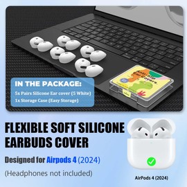 [5 Pairs] Ear Tips Cover for AirPods 4 Earbuds (2024), Soft Silicone AirPods 4 Ear Tips Cover AirPods 4 Accessories Compatible for AirPods 4th Generation Earbuds Cover [Fit in Charging Case] - White