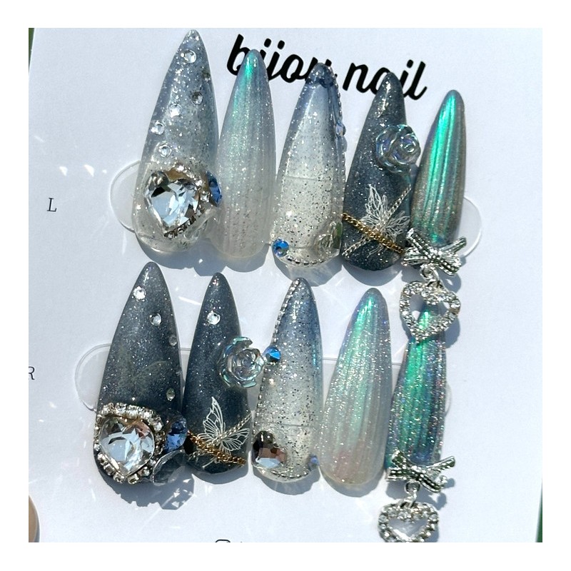 Glass rose handmade nail - Almond / 글라스 로즈 수제네일
