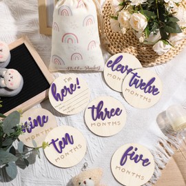Burbell 3D Baby Monthly Milestone Cards Sign 7 Pack Double Sided Wooden Circles Discs Baby Announcement Sign Hello World Newborn Sign for Baby Shower Newborn Photo Props(Purple)