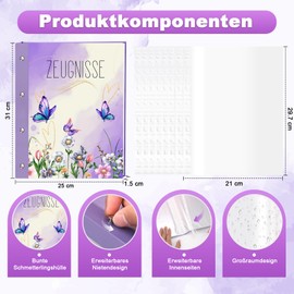 Zeugnismappe mit Schraubverschluss und 20 A4 Klarsichthüllen Erweiterbar 31x25 cm Für Kinder Mädchen Zeugnisse Zu Archivieren Und Wichtige Dokumente Zu Organisieren(Schmetterlingsmotiv)