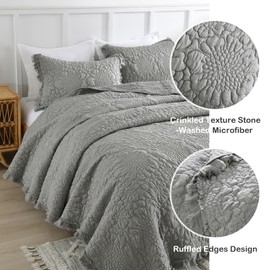 HORIMOTE HOME Dark Grey Ruffled Quilt King Size, Stone-Washed Microfiber Lightweight Crinkled Farmhouse Rustic Shabby Chic Bedding Set, 3 Pieces Reversible Bedspread with Pillow Shams for All Season